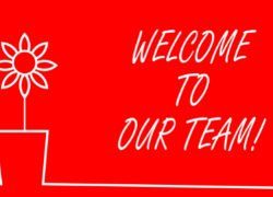 A welcome to our team sign on a red background.