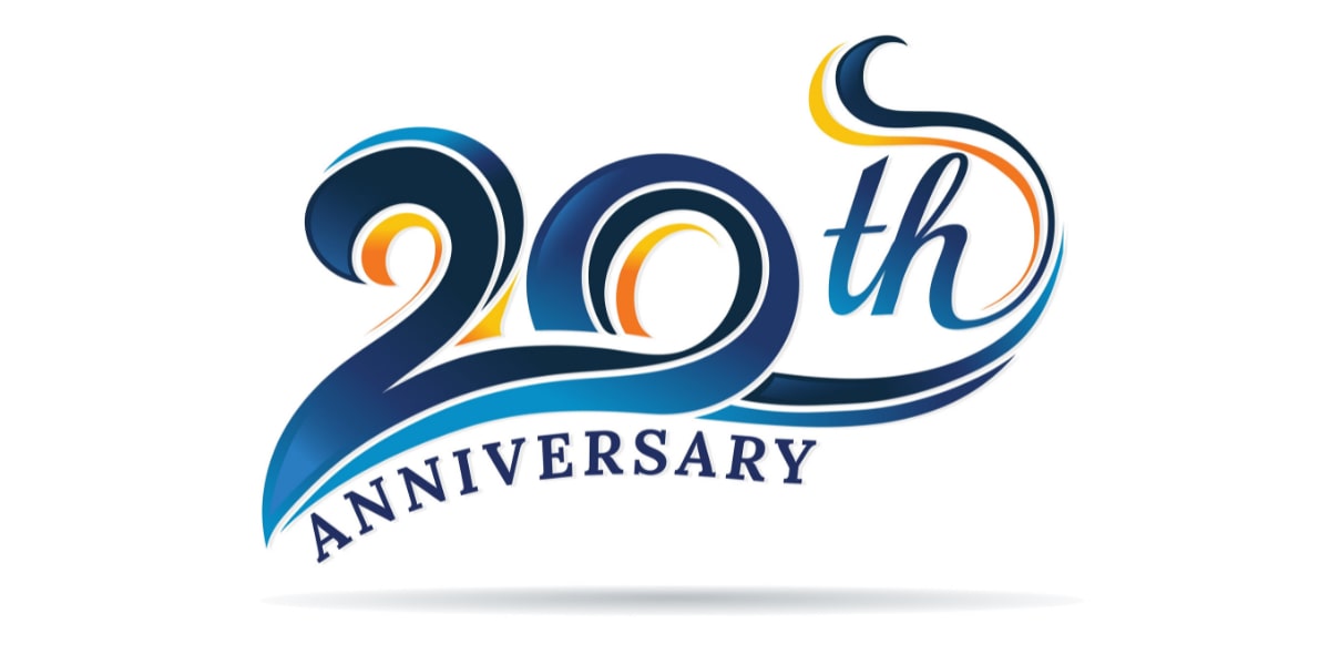 Stylized "20th Anniversary" text intertwined with vibrant blue and orange swirls on a white background, celebrating 20 years in the realm of Relational Frame Theory.