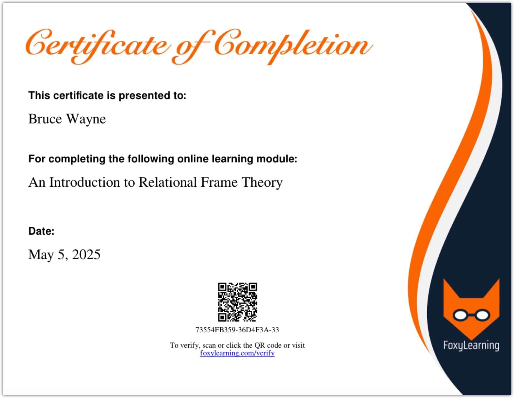 Certificate of Completion in Relational Frame Theory