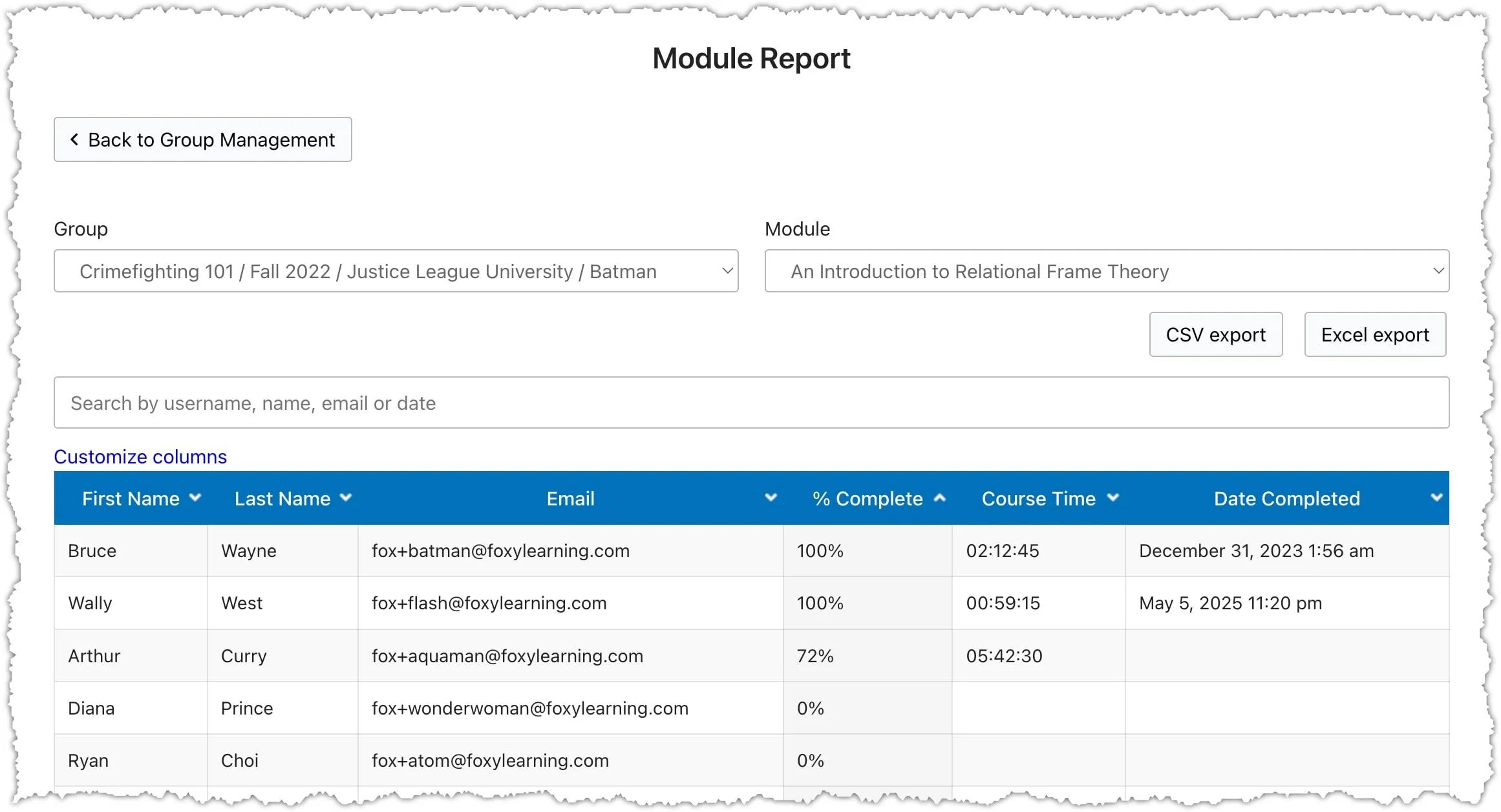 Module report with course completion details.